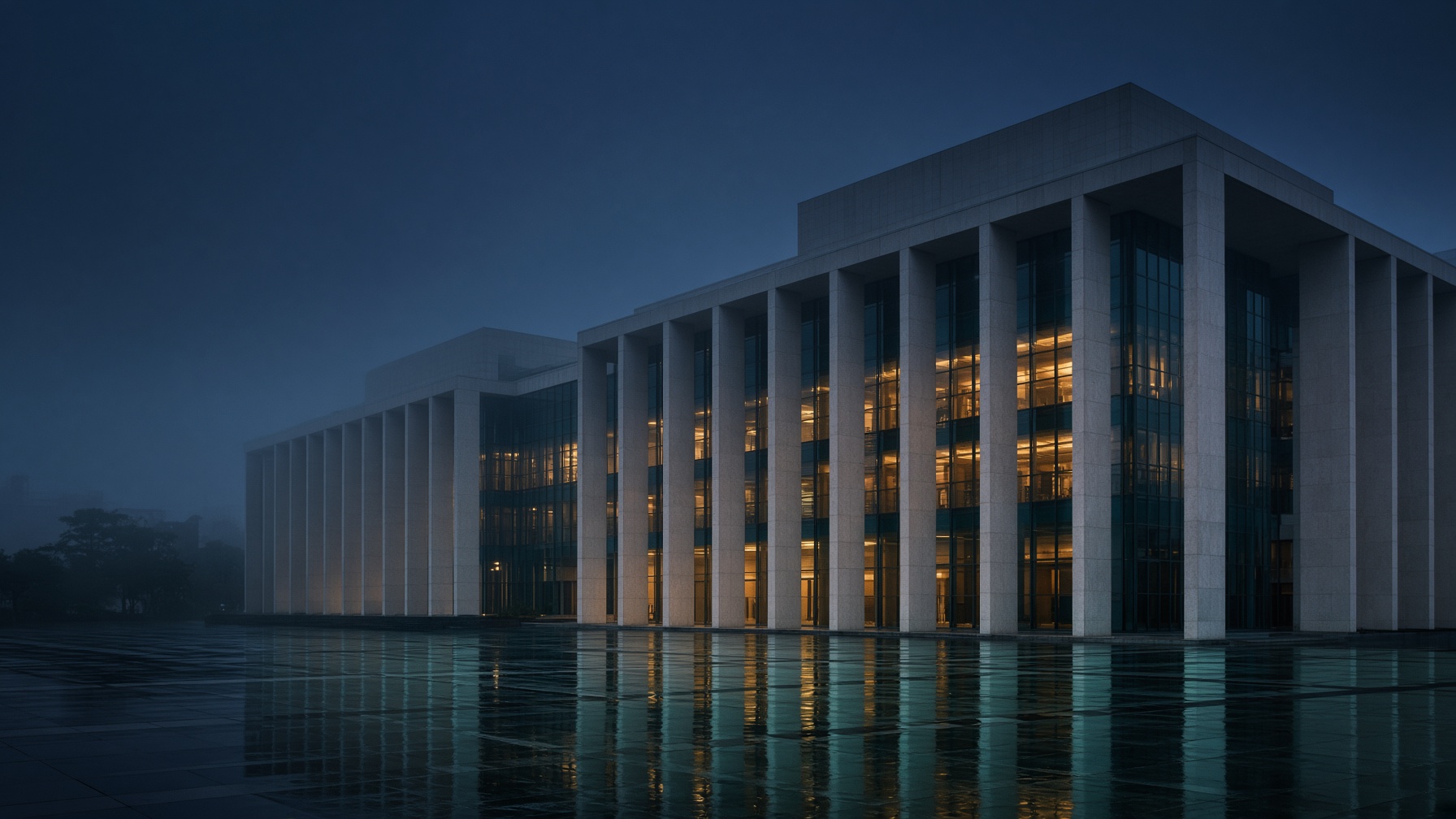 A civic colonnade at dusk